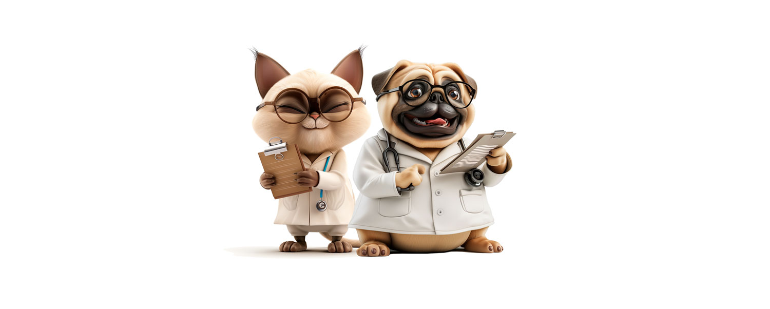Terra y Budi son las mascotas de la clínica veterinaria Terra. Una siamesa y un carlino vestidos de veterinarios reciben sonrientes a sus clientes.