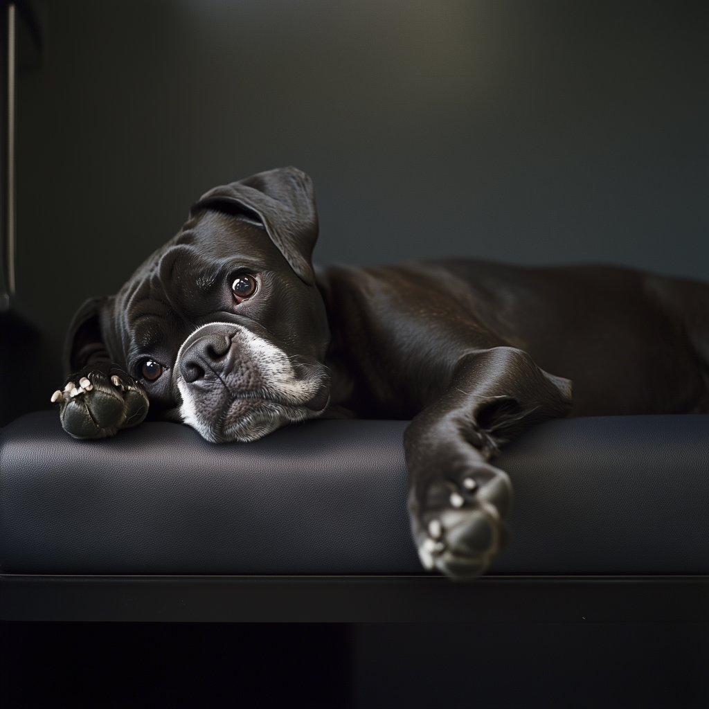Un perro Boxer negro descansa sobre una camilla negra.