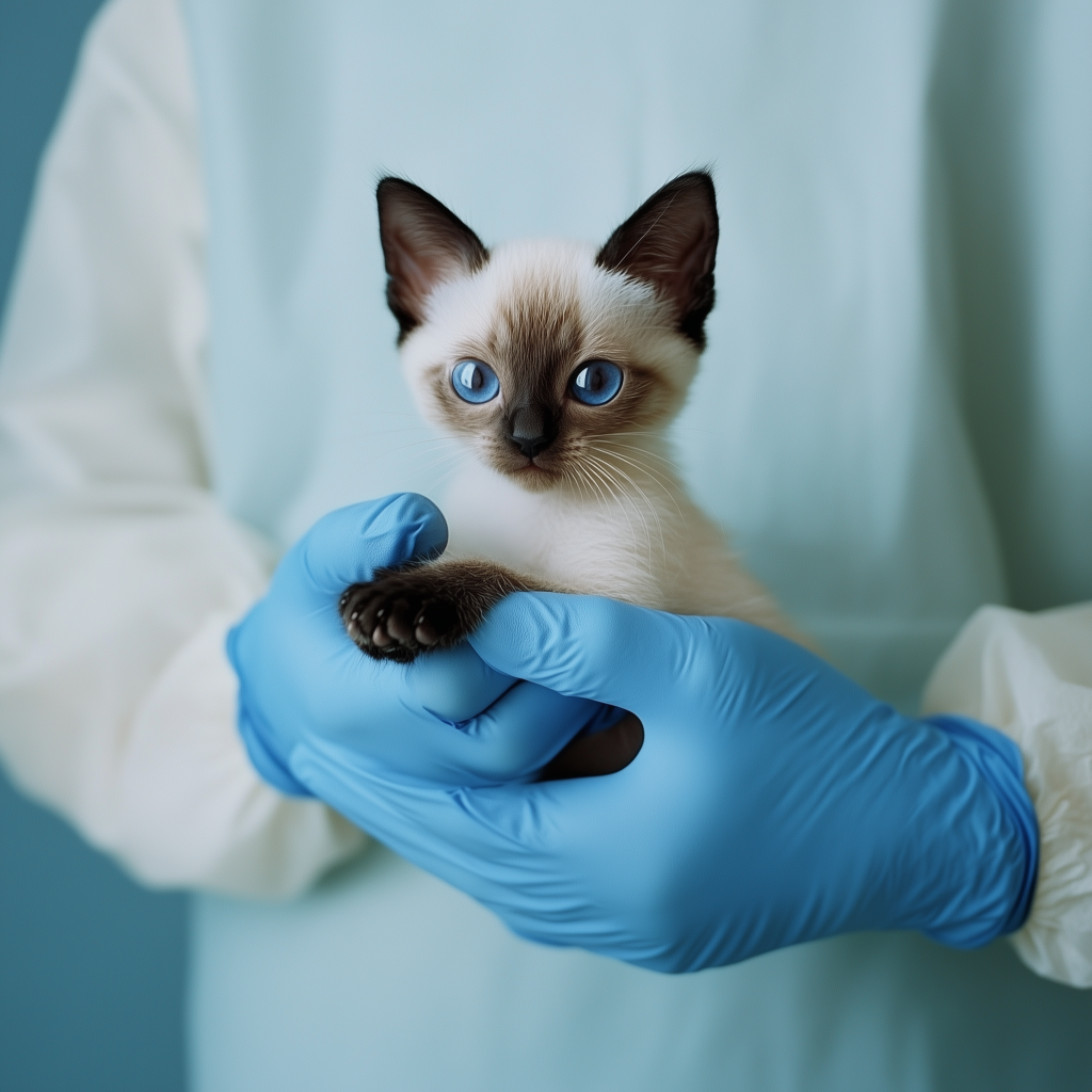 Gato cachorro Siamés en las manos de un veterinario cirujano